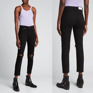 NWT Re/Done black High-Rise Distressed Ankle Crop Jeans with frayed hem, size 24
